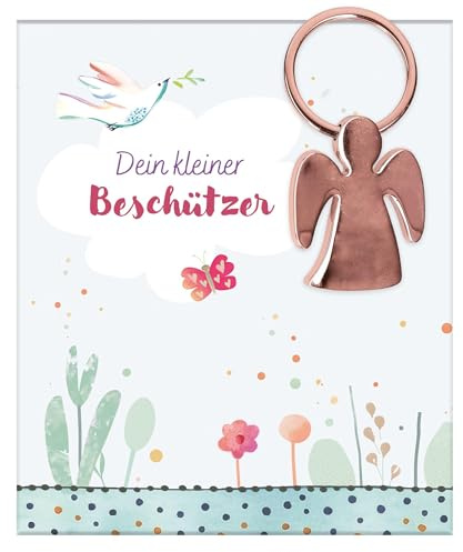 Engel-Schlüsselanhänger aus roségoldfarbenem Metall: geliefert in Geschenkverpackung, 3 x 7 cm, Taschenanhänger für Jungen und Mädchen, ideal als christliches Geschenk