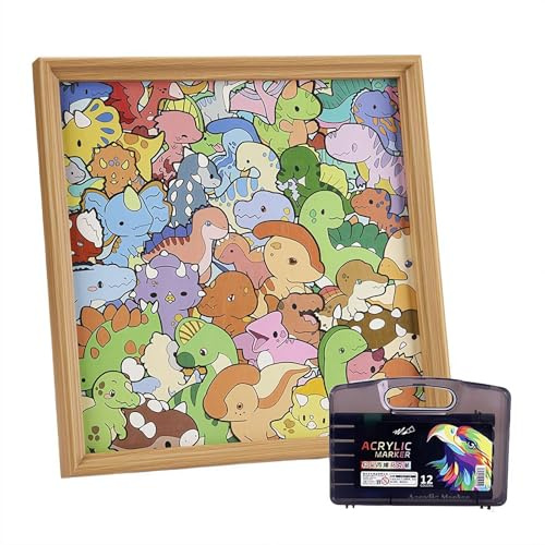 Holz-Malpuzzle – DIY Dinosaurier-förmiges Holz-Malpuzzle mit Rahmen und Stiften, kreative Block-Puzzles mit Bilderrahmen und Kleber, handgemaltes Foto F-Rahmen-Ornament, Geschenk für