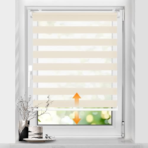 SBARTAR Doppelrollo schnurlos Natur B40 x H120cm (Stoffbreite 40cm) | Klemmfix Rollos für Fenster ohne Bohren & zum Bohren Drücken Und Ziehen Springrollos Lichtdurchlässig Aber Blickdicht