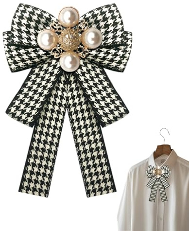 NICENEEDED Mehrlagige Perlenbrosche Mit Schleife Vorgebunden Brosche Mit Schleife Und Hahnentrittmuster In Schwarz Und Weiß Elegante Modische Krawattennadel Für Damen Frauen Töchter Und Schulabgänger