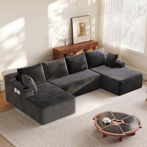 HAUSPROFI Sofa U Form mit Getränkehalter & Seitentaschen, Cord Sofa,Grau | Boneless Couch,Modulares Sofa 5 Kissen,Cord Couch mit Schlaffunktion für Wohnzimmer, Ohne Montage, 266 x 170 x 83cm