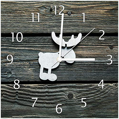 Wallario Design-Wanduhr Elch Symbol in weiß, vor dunklem Holz aus Glas, Motiv-Uhr Größe 30 x 30 cm, weiße Zeiger