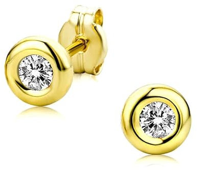Orovi – Ohrringe rund aus 9 Karat Gelbgold (375) mit kreiertem Diamant (0.40 ct) – Ohrstecker Gold Damen mit Solitaire Zirkonia in edler Zargenfassung – Allergenfrei & handgemacht (5 x 5 mm)