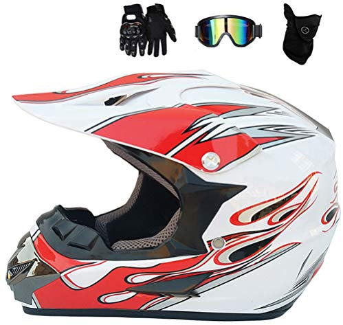 Adult Motorradhelm Motocross Helm mit Brille Handschuhe Maske, Weiß und Rot, Off Road Crosshelm Fullface Helm Motorrad MTB Cross Mountainbike Schutzhelm Quad Enduro ATV,M