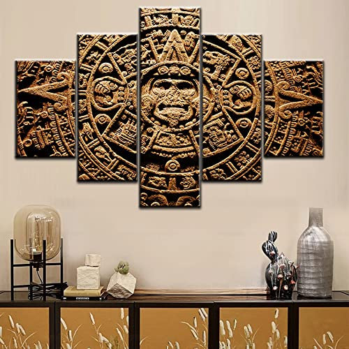 TUMOVO Azteken-Kalender-Bilder, Maya-Kultur, Poster, Gemälde, mehrteiliges Panel-Kalender, Azteca-Leinwand, Wandkunst, Wohnzimmer, fertig zum Aufhängen, Poster und Druck (152.4 cm Bx101 cm H)