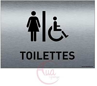 AUA SIGNALETIQUE - Plaque de porte Aluminium brossé imprimé AluSign - 210x150 mm - Double Face adhésif au dos (Toilettes F/Handicap2)