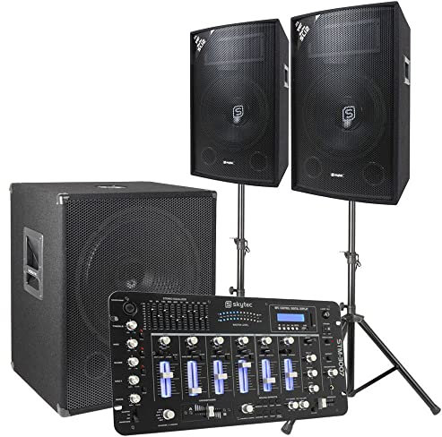 Vonyx 2.1 DJ Lautsprecher Set, Mobile PA Anlage Komplettset, 1600 Watt DJ Boxen, Beschallungsanlage Komplett Set, 2X Top-Speaker, 1x Subwoofer, Bluetooth Mischpult, Kabel, Boxenständer, Tasche