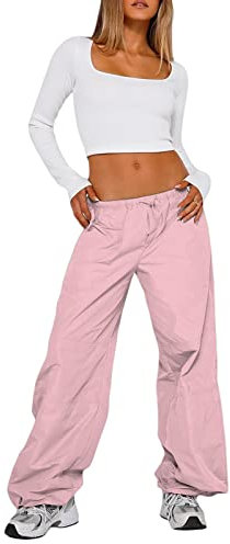 Vioyavo Donne Y2K Baggy Cargo Pantaloni Elastico Vita Bassa Coulisse Gamba Larga Pantaloni Tinta unita Casual Allentati Pantaloni della Tuta Jogging Allenamento, rosa, XL