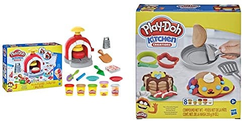 Play-Doh Kitchen Creations Pizza Oven Playset with 6 Cans of Modeling Compound and 8 Accessories & Kitchen Creations Flip 'n Pancakes Playset 14-Piece Breakfast Toy for Kids 3 Years+