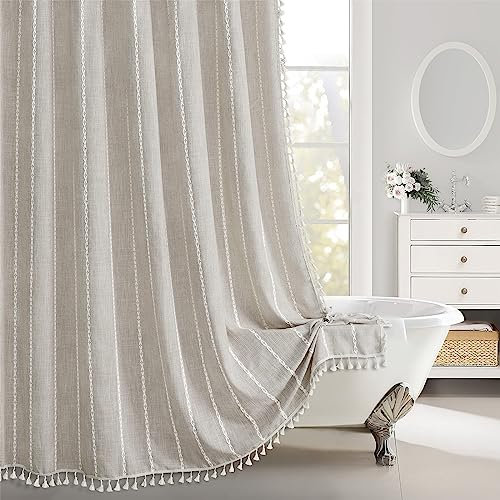 Awellife Tenda da doccia con nappe – Set di tende da doccia in cotone e lino di alta qualità, stile boho, chic, rustico, decorazione per il bagno, impermeabile e lavabile, 183 x 188 cm