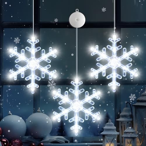 LYUBASA 3 Stück Schneeflocke Weihnachtsbeleuchtung, 36 Weiß LED Batteriebetriebene mit Saugnäpfe, Timer, Fenster Lichterkette Innen für Weihnachten Deko, Fenster, Balkon, Party, Hochzeit