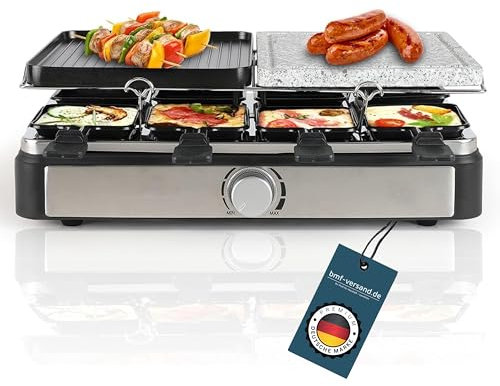 bmf-versand® Raclette 8 Personen mit Steinplatte - Tischgrill elektrisch - Elektrogrill mit Heißer Stein & Grillplatte - Multifunktionaler Küchengrill - Robuster Familiengrill