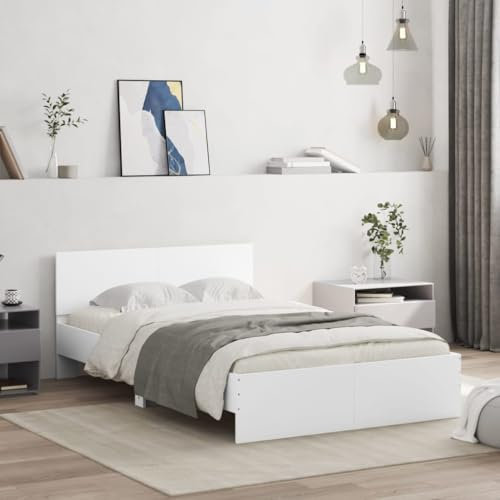 vidaXL Home Base Bed Frame with Headboard - White Engineered Wood, Plywood Slats - 120x190 cm Small Double, Easy to Assemble, Modern Style for Bedroom
