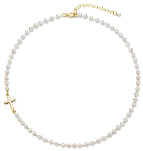 Symretie Damen Perlenkette Imitationsperle Halskette mit Kreuz,Verstellbare Perlenimitaten Runde mit 4 mm Pearl Necklace Hochzeit Brautschmuck Accessoires