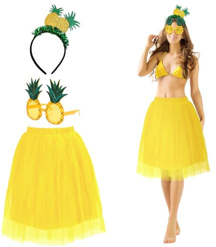 LOHAME 3tlg Ananas Kostüm Damen Hawaii Kostüm Accessoire Ananas Haarreif Sonnenbrille Gelb Tutu Tropischer Haarschmuck Hawaiian Kostüm Zubehör für Erwachsene Kinder Hawaii Party Strandparty Sommer