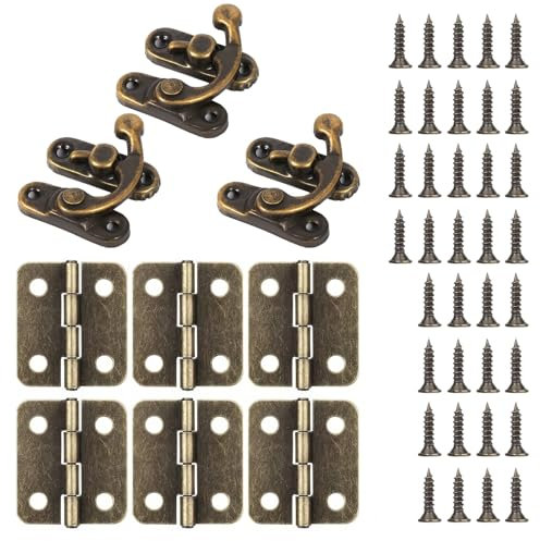 DHWEKU 9 Pcs Set Verrou Vintage et Charnières Bronze,Fermoirs à Coffre+Charnieres Vintage Loquet Serrure à Crochet Décoratifs avec Vis pour Placard Armoire Meuble Boite de Bijoux