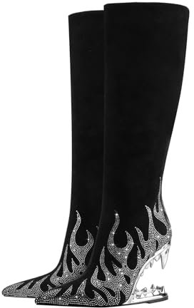 Stivali Lunghi Scintillanti con Strass per Donna, Stivali Alti Fino al Ginocchio con Tacco a Forma di Denti di squalo, Stivali con Tacco Alto e Glitter con Denti di Tigre,Argento,35
