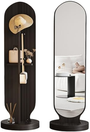 Miroir pleine longueur avec porte-manteau – Miroir rotatif à 360° sur pied avec crochets pour chambre à coucher et vestiaire – Noir élégant 46 x 168 cm