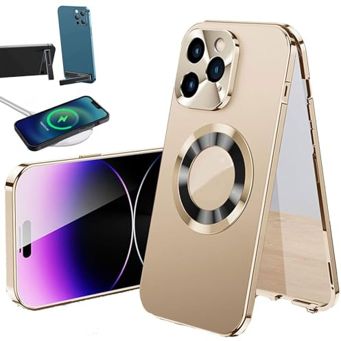 Generisch Doppelseitige magnetische Handyhülle mit galvanisiertem Glas für iPhone, stoßfestes HD Anti-Peep-Magnetglas, doppelseitige Metall-Bumper-Handyhülle (Gold HD Clear,15promax)