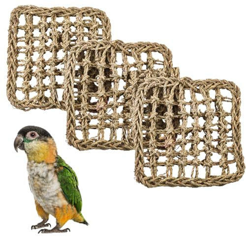 GORGECRAFT 3Pcs Grass Bird Mat Parrot Parakeet Natural Seagrass Woven Net Climbing Rope Ladder Hammock Mats Cage Supplies for Lovebird Conure Budgie Cockatiel Pigeon Rat Bearded Dragon