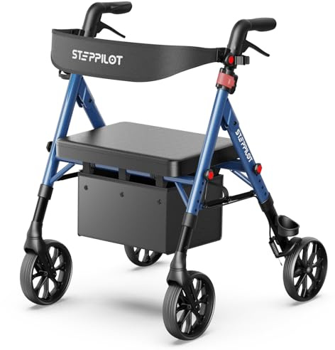 Steppilot Foldable Rollator Walker with Seat for Seniors - 500lbs Capacity & 16.75lbs Lightweight, 8 All Terrain Wheels, Zero Wobble Design, 5-Level Adjustable Handle/Seat, Cup Holder & Cane Clip