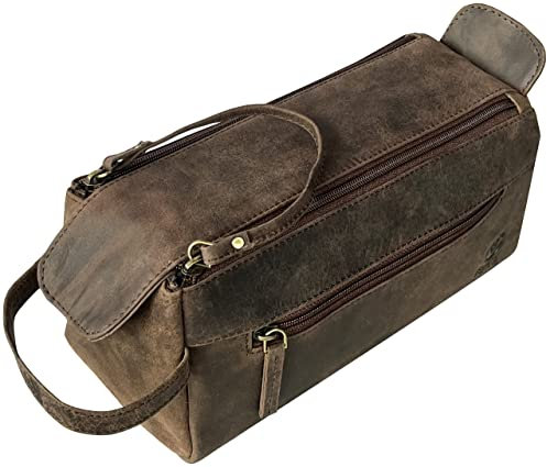 Kulturbeutel aus Leder: Vintage-Reise-Rasier- und Dopp-Set: für Toilettenartikel, Kosmetika und mehr: Geräumiger Innenraum und wasserdichtes Futter: Kompakt, passt problemlos ins Gepäck