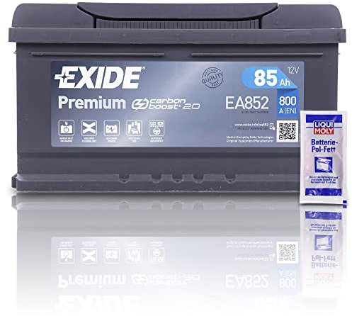 EXIDE EA852 Premium Carbon Boost Autobatterie 12V 85Ah 800A PKW KFZ Starterbatterie Batterie Ersetzt 77Ah 79Ah 80Ah 82Ah 84Ah + 1x Batteriepolfett