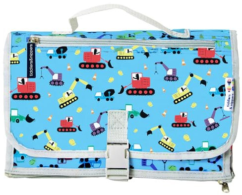tiddler Easy-Change mat | Portable Baby & Toddler Travel Changing Mat | Expandable, Lightweight & Wipe Clean | Multiple Zipped Pockets, Padded Lining, Detachable Clutch & Clip (Diggers & Lorries)