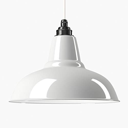 Relight Emaille-Leuchte Industrieleuchte Küchenleuchte Newton Weiß (Ø 28cm) an E27 Vintagefassung Bronze Antik, 2m Textilkabel Weiß