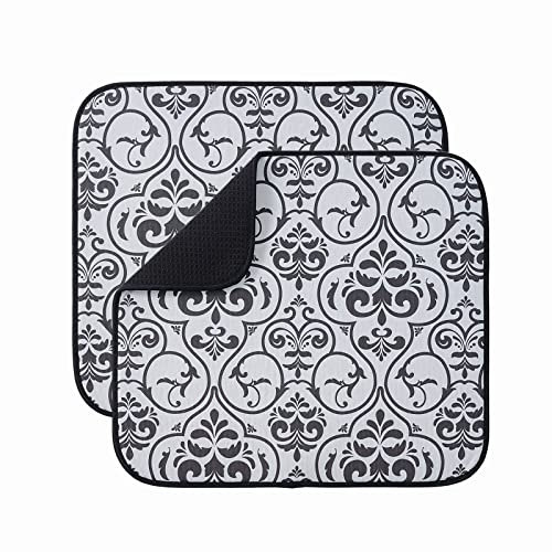 Lot de 2 tapis de séchage absorbants en microfibre pour cuisine, assiette, tasse et verre, 40 x 46 cm, motif feuille noire