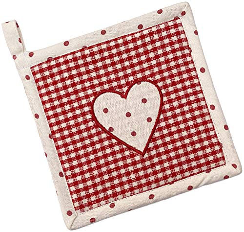matches21 Topflappen Untersetzer Landhaus Premium LISE kariert & Borte mit Herz Applikation Hitzeschutz 16x16 cm 1 STK Rot