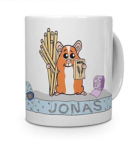 printplanet Tasse mit Namen Jonas - Motiv Hamstern - Namenstasse, Kaffeebecher, Mug, Becher, Kaffeetasse - Farbe Weiß