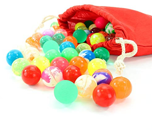 Flummis im Beutel - 100 Flummis im Stoffbeutel - roter Beutel & Bunte Flummis Ø 20 mm