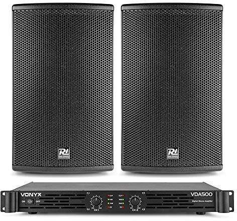Power Dynamics PD-410P 10 Passive DJ PA Speaker System with Vonyx VDA500 500W Amplifier & Professional Audio Cables - Complete Party, Disco, Stage or Club Sound Set