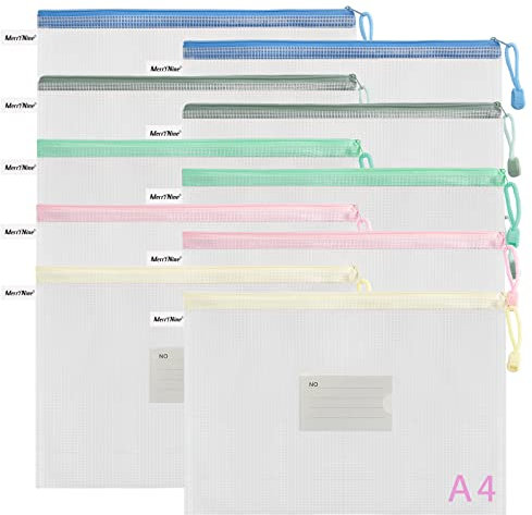 MerryNine 10 Pack Mesh Zipper Pouch Document Bag, a4 Waterproof Plastic Folders Document Pouch for School Office Supplies, Cross Stitch Organizing Storage(A4-13.0x9.0 in)