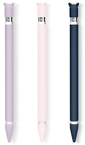 3 Pack Silikon Hülle Kompatibel mit Apple Pencil 1st Generation Schutzhülle Holder Halter Zubehör, Anti-Rutsch Grip Griff mit Ladekappe Kappe und Pen Nib Spitze Case Cover (Rosa&Violett&Dunkelblau)