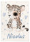 Personalisierte Babydecke mit Wunschtier, Name, Geburtsdatum und Motivfarbe (Leopard mit kleinen Herzen)