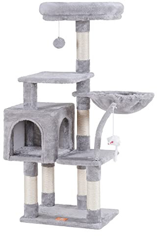 Heybly Kratzbaum mit Spielzeug, Katzenturm für Indoor-Katzen, Katzenhaus mit gepolsterter Plüsch-Sitzstange, gemütlicher Hängematte und Sisal-Kratzbäumen, Hellgrau HCT004SW