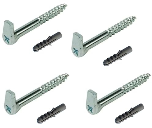 L Cross Screw Hooks with Cross Slot Heavy Duty Galvanized Steel Self Tapping Wood Square Hooks Metal Screw in Heavy Duty Dresser Cup, Pack of 4 with raw Plug (Hook Length 65 mm, Thread 5.8 mm)