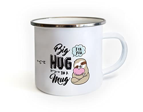TypeStoff Emaille-Tasse mit Spruch - big hug - im Vintage-Look mit Zitat als Geschenk und Dekoration zum Thema Kaffee, Tee und Umarmung - TS-01294