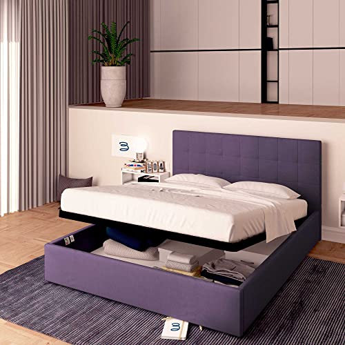 Baldiflex Letto Matrimoniale con Contenitore Modello Dublino in Tessuto, Rete a Doghe, per Materassi Matrimoniali 180x200 cm, Elegante Testiera, Colore Viola