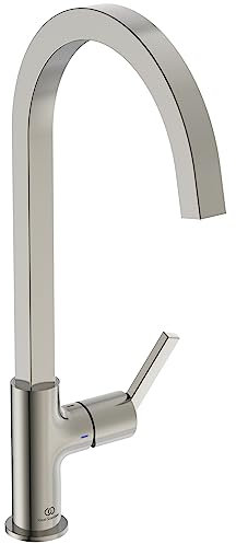 Ideal Standard – Gusto Mitigeur de cuisine, Bec carré en C, avec la cartouche FirmaFlow, bec pivotant à 360°, facile à installer avec la fixation EasyFix+, Silver Storm
