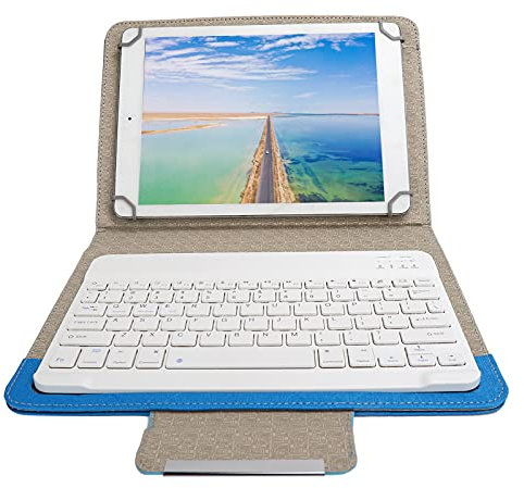 Bluetooth Tablet Keyboard Cover, 9.7‑10.1In Pu Leather Keyboard Protective Case, Ultra Light Slim Keyboard Cover for Android Tablet/Smartphone, for IOS Tablet/Smartphone (10 inch blue leather case +