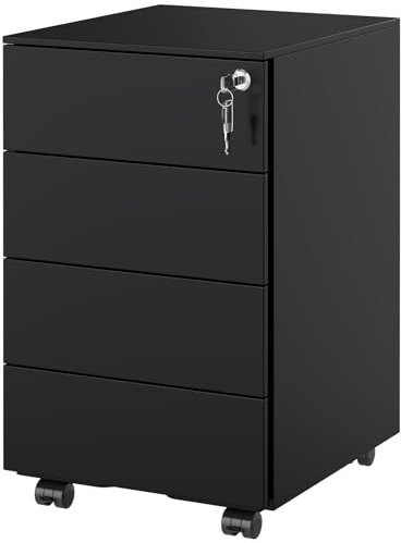 KIMENICH Caisson Bureau, Meuble de Rangement Métallique à roulettes Verrouillables, 4 Tiroirs avec Serrure, Pré-assemblé, Commode Bureau pour Dossiers, Papiers, Support Imprimante Salle d'étude, Noir