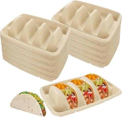 JMIATRY 100PCS Disposable Taco Holder Disposable Taco Plates with 3 Compartments Dividers Disposable Taco Holders for Party, Pulp Fiber Plates Disposable - Great for Taco Tuesday Party