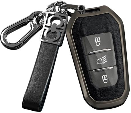 ontto Schlüsselhülle Autoschlüssel Hülle Passt für Opel Crossland Grandland X Astra L Mokka Corsa kompatibel mit 208 308 2008 3008 5008 Metall Leder Schlüsseletui Schlüsselanhänger-Schwarz