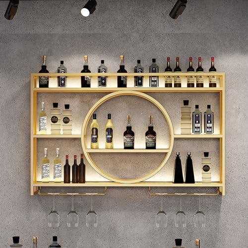 Rmeet Estante de Botellas de Pared Industrial, Estante de Hierro de 3 Plantas, estantes de exhibición de Vino para decoración del hogar, Bares, restaurantes y cocinas,Golden,140 * 15 * 80cm