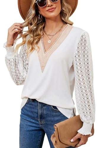 LEKOPUR Weiße Bluse Damen Elegant V Ausschnitt Tunika Spitze Langarm Blusenshirt Festliche Oberteil T Shirt Einfarbig Blusen & Tuniken für Damen