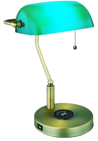 Schreibtischleuchte Bankerlampe Tischlampe altmessing Glas grün, kabelloses Laden USB Anschluss, Zugschalter, Fernbedienung, 1x RGB LED 4,8W 470Lm, LxH 26,5x36 cm