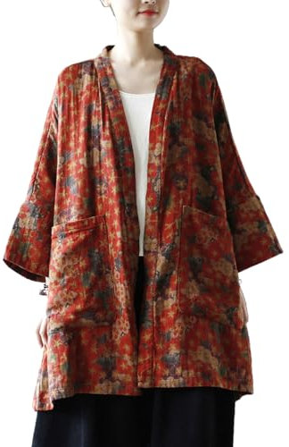 LUZU JUNU Women Floral Printed Kimono Jacket Open Front Cardigan Spring Fall Outwear Duster Coat with Pockets, Pattern B, One Size
